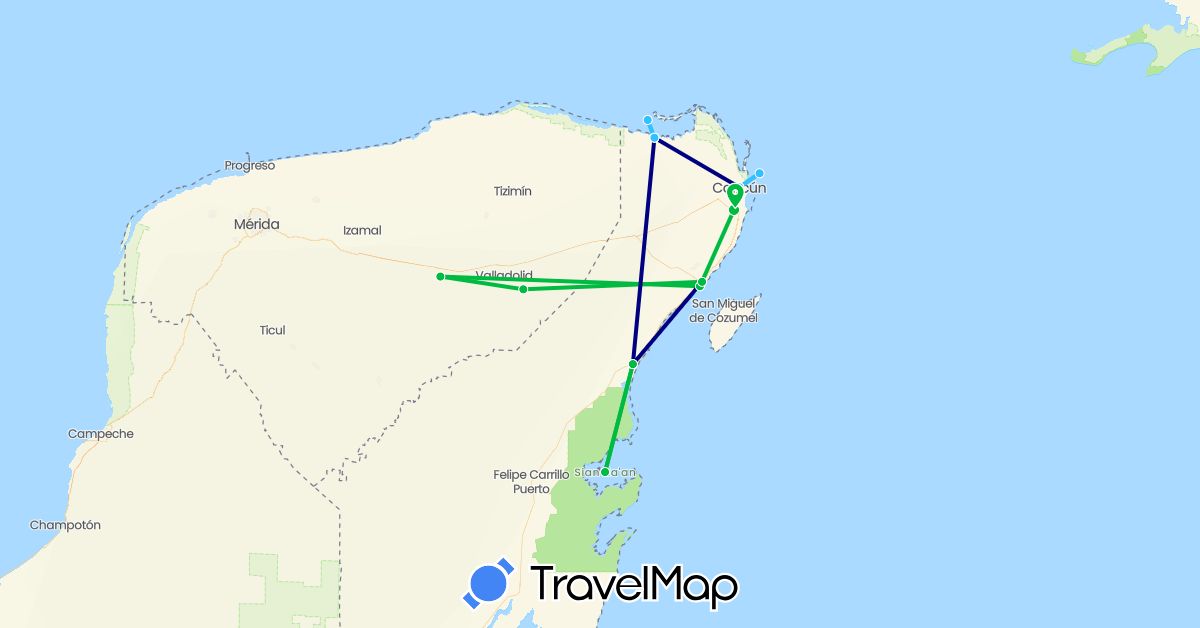 TravelMap itinerary: driving, bus, boat in Mexico (North America)